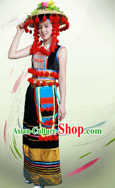 Traditional Chinese De Ang Dresses and Hat Complete Set for Women