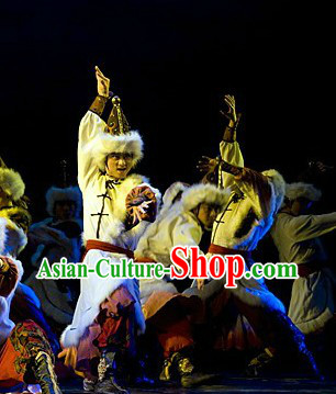 Stage Performance Mongolian Dancing Costume and Headwear Complete Set for Men