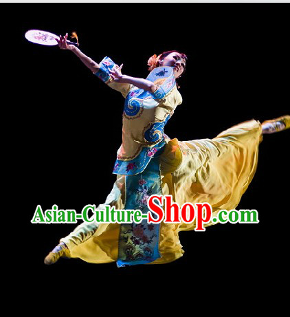 Stage Performance Chinese Classical Fan Dance Costumes and Headwear for Women