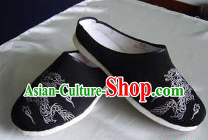 Traditional Chinese Handmade Black Cotton Slippers with Thick Cotton Sole