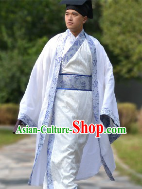 Blue Traditional Ancient Chinese Hanfu Clothing and Hat Complete Set for Men