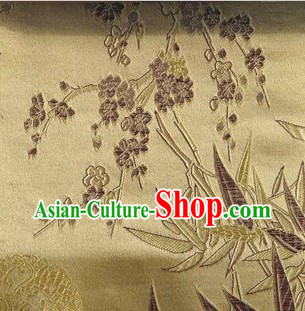 Gold Chinese Bamboo and Cherry Blossom Brocade Fabric