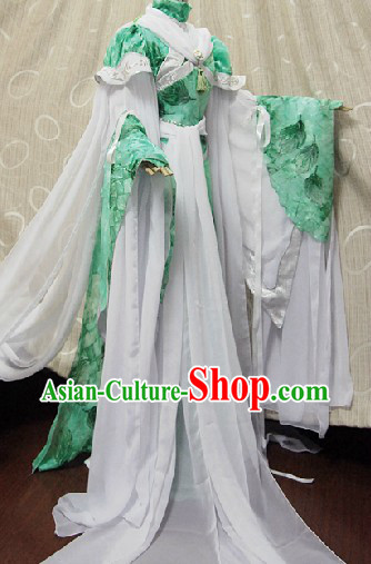 Ancient Chinese Green and White Fairy Costumes Complete Set for Women