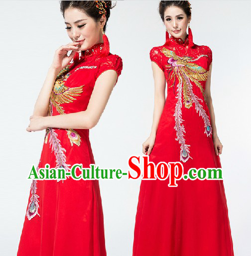 Red Long Chinese Wedding Cheongsam with Phoenix Embroidery