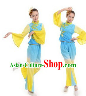 Traditional Chinese Stage Performance Fan Dance Costumes Complete Set