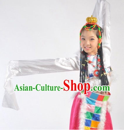 Chinese Tibetan Festival Celebration Dance Costumes and Headdress Complete Set for Kids