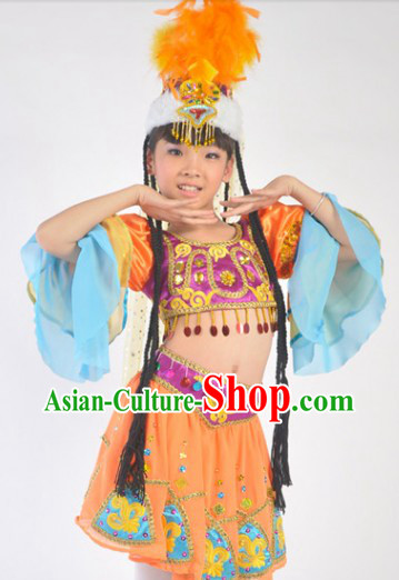 Chinese Xinjiang Festival Celebration Dance Costumes and Headdress Complete Set for Kids