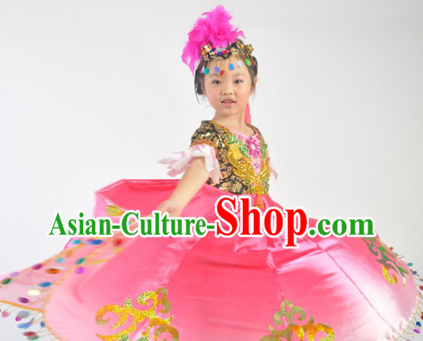 Chinese Xinjiang Festival Celebration Dance Costumes and Headdress Complete Set for Kids