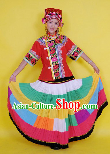 Traditional Chinese Yi People Dance Costume and Hat Complete Set for Women