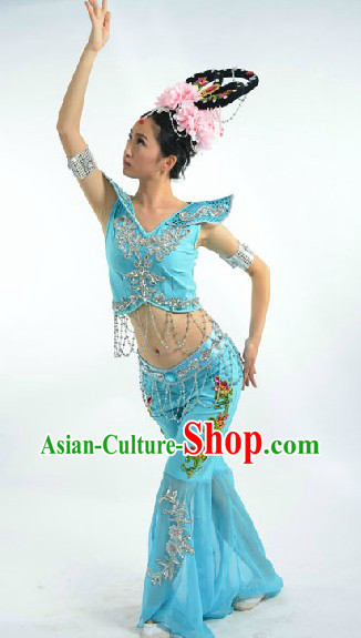 Blue Dunhuang Fei Tian Classic Dance Suit and Headdress Complete Set for Women