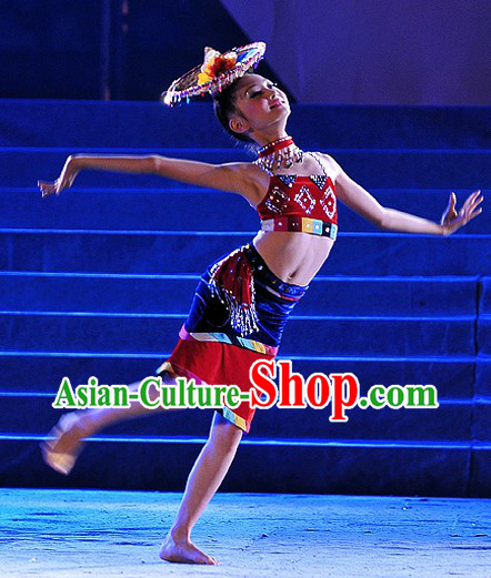 China Dai Dance Outfit and Bamboo Hat Complete Set for Girls