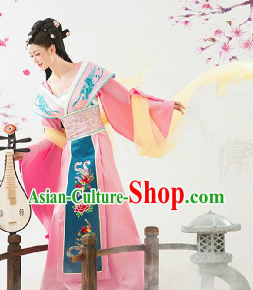 Ancient Chinese Pink Phoenix Clothing and Headwear Complete Set