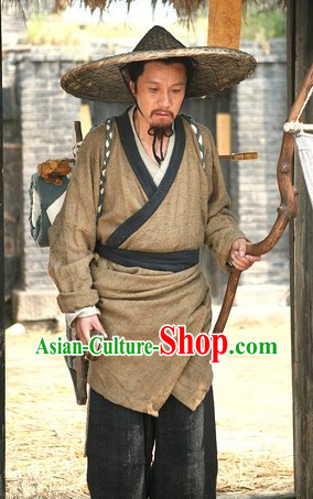 Ancient Chinese Doctor Costume and Bamboo Hat for Men
