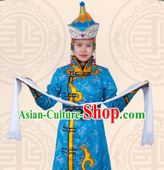 Traditional Chinese Blue Mongolian Clothing and Hat for Women