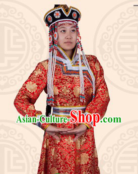 Traditional Chinese Red Ethnic Mongolian Long Robe for Women