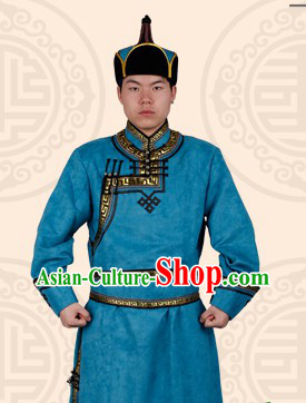 Traditional Chinese Mongolian Blue Robe and Hat Complete Set for Men