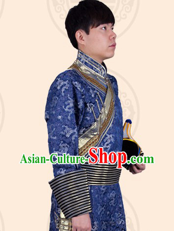 Traditional Chinese Mongolian Blue Robe and Hat Complete Set for Men