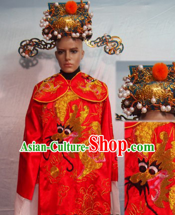 Traditional Chinese Red Cai Shen Ye Outfit and Hat Complete Set