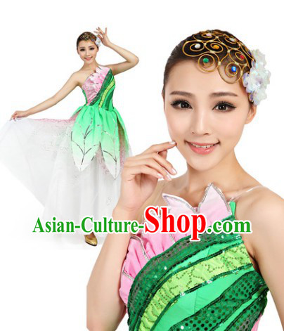 Professional Chinese Classic Green Dance Costumes and Headwear Complete Set for Women