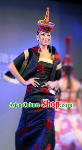 Chinese Traditional Mongolian Attire and Hat Complete Set for Women