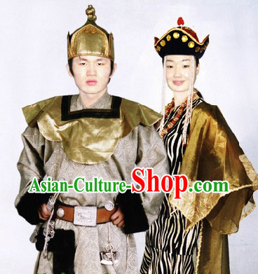 Traditional Mongolian Prince and Princess Costumes and Hats Two Complete Sets