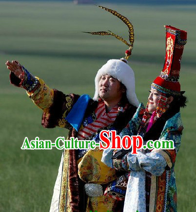 Traditional Mongolian Emperor and Queen Clothes and Hats Complete Set