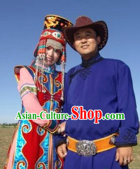 Traditional Mongolian Husband and Wife Clothing and Hats Complete Sets