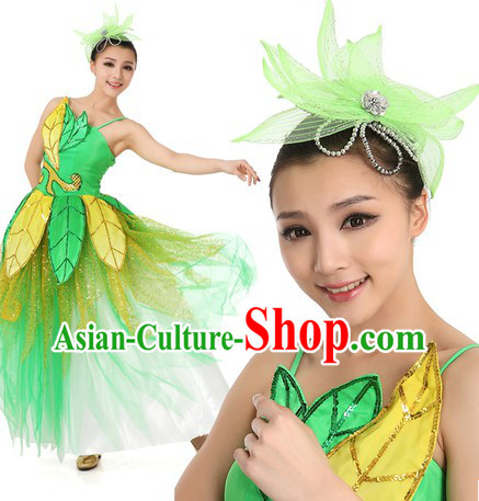 Chinese Green Leaf Dance Costume and Headpiece for Women