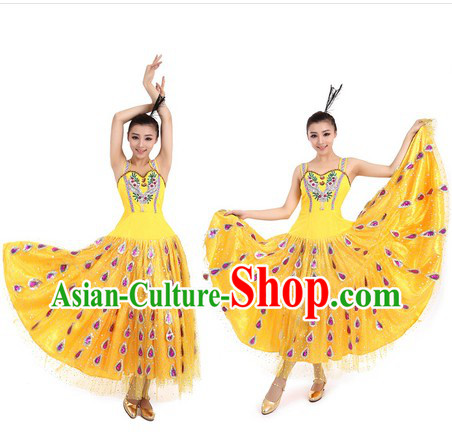 Yellow Peacock Dance Costume and Hat for Women