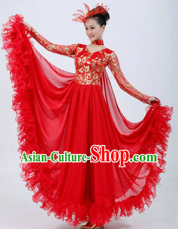 Chinese Red Modern Dance Costumes and Headpiece for Ladies