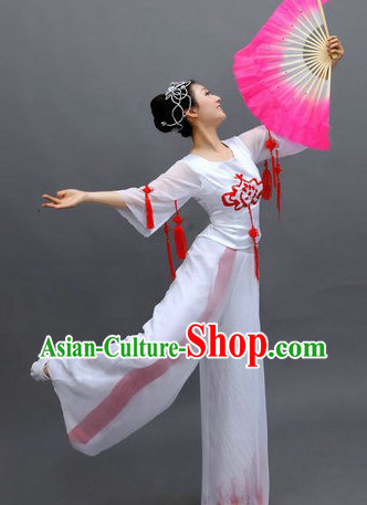 Chinese White Fan Dance Costumes and Headpiece for Ladies
