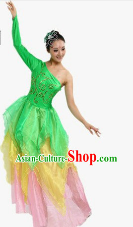 One Shoulder Green Stage Performance Dancing Costumes and Headpiece for Women