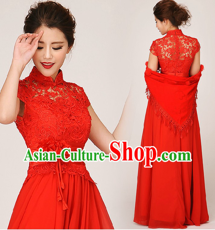 Traditional Red Lace Cheongsam Wedding Dress for Brides