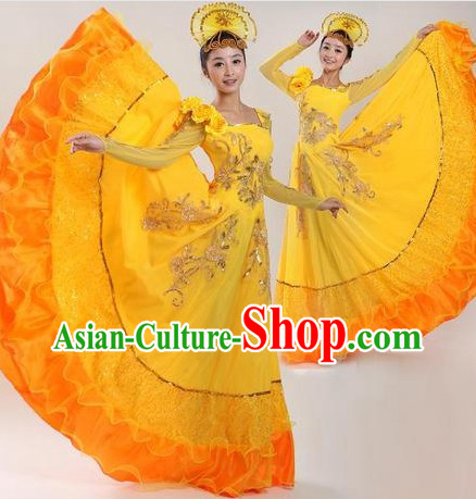 Chinese Classic Yellow Dance Costumes and Headpiece for Women