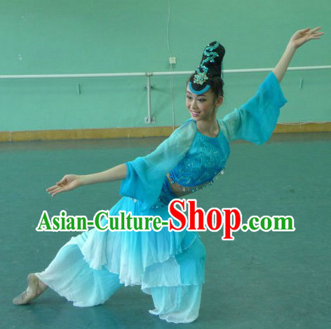 Chinese Classic Blue Dance Costumes and Headpiece for Women