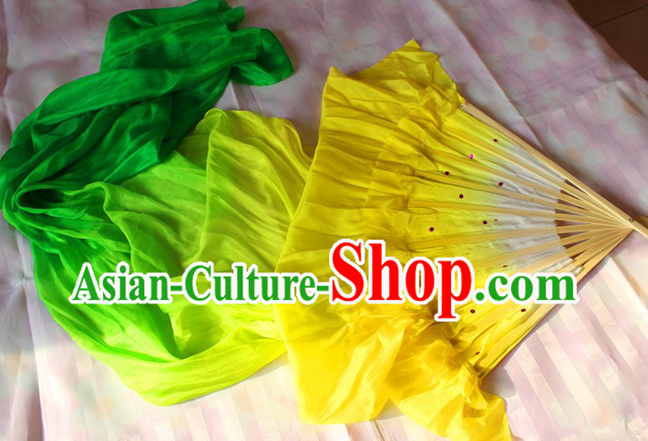 Chinese Yellow to Green Colour Transition Long Silk Dance Fan