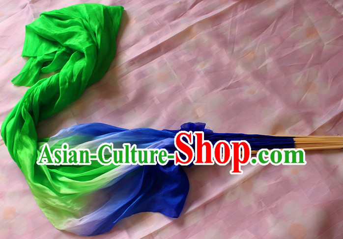 Chinese Blue to Green Colour Transition Long Silk Dancing Fan