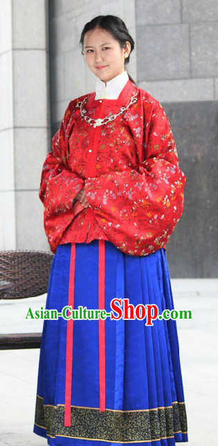 Traditional Chinese Ming Dynasty Red Jacket and Blue Skirt for Women