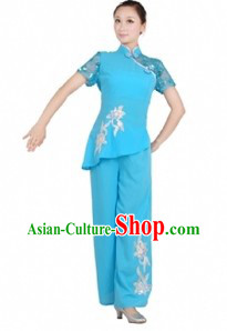 Chinese Blue Fan Dance Costume for Women