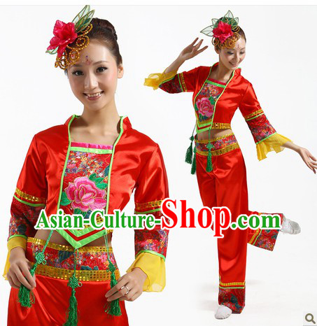 Traditional Chinese Fan Dance Costume and Headpiece for Women