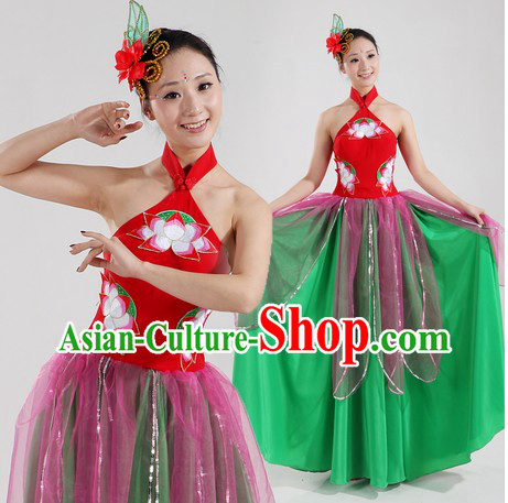 Traditional Chinese Lotus Classical Dancing Costumes and Headpiece for Women