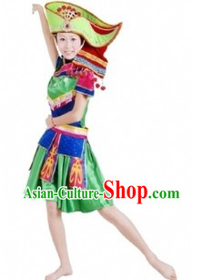 Traditional Chinese Zhuang Tribe Clothing and Hat for Women