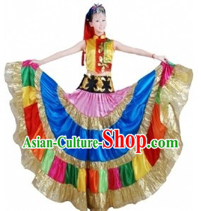 Traditional Chinese Yi Tribe Dancing Performance Costumes and Hat for Women