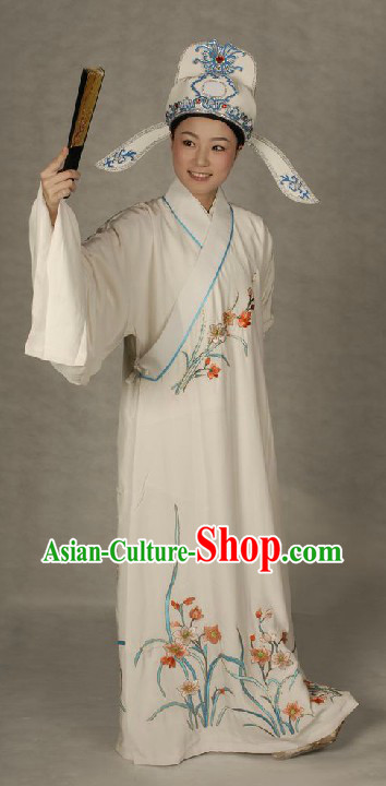 Ancient Chinese Opera White Xiao Sheng Robe and Hat for Men