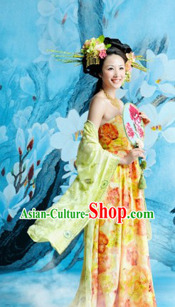 Ancient Chinese Tang Dynasty Costumes and Headdress Complete Set for Women