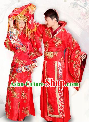 Traditional Chinese Bridal Wedding Dresses Two Sets for Brides and Bridegrooms