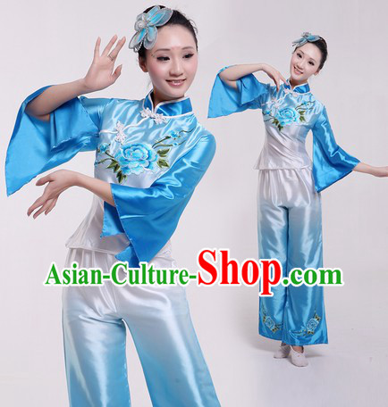 Traditional Chinese Fan Dance Costumes and Headpiece for Women