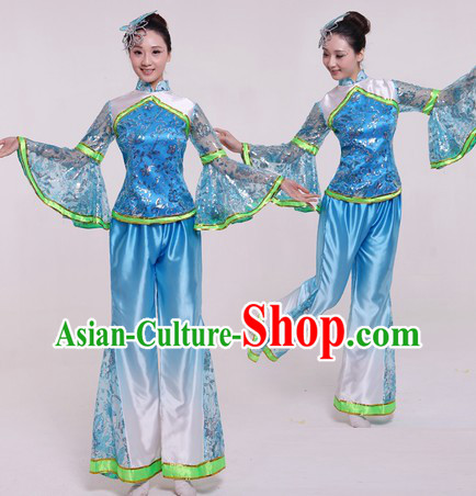 Traditional Chinese Fan Dance Costumes and Headpiece for Women