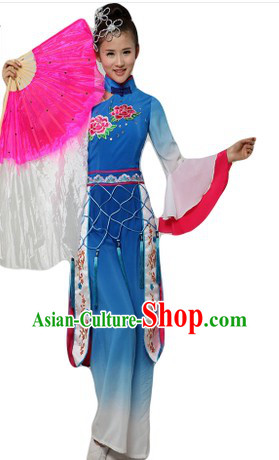 Chinese Classical Blue Fan Dancing Costumes and Headpieces