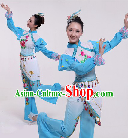 Traditional Chinese Blue Fan Dancing Costumes and Headpiece for Women